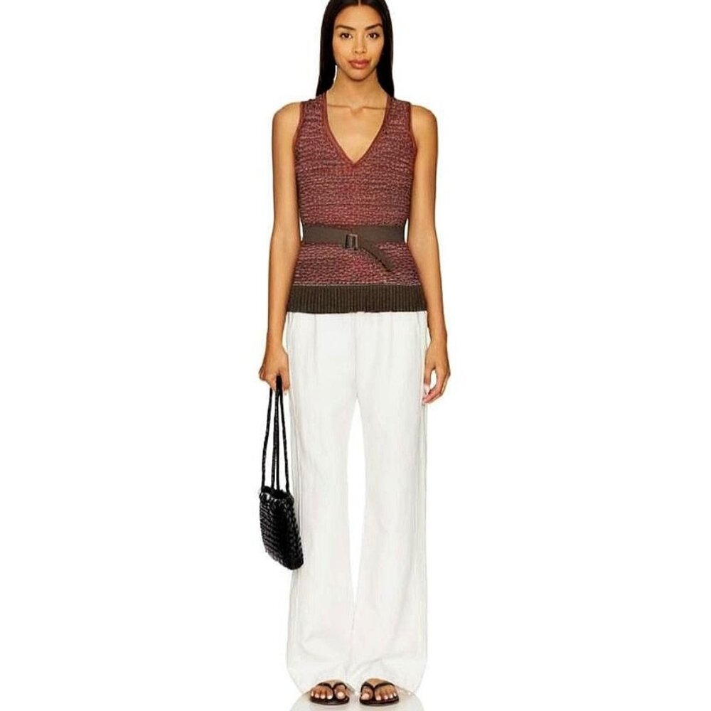 JH Collectibles Red & Brown Sleeveless Belted V-Neck Knit Sweater Top Women's L